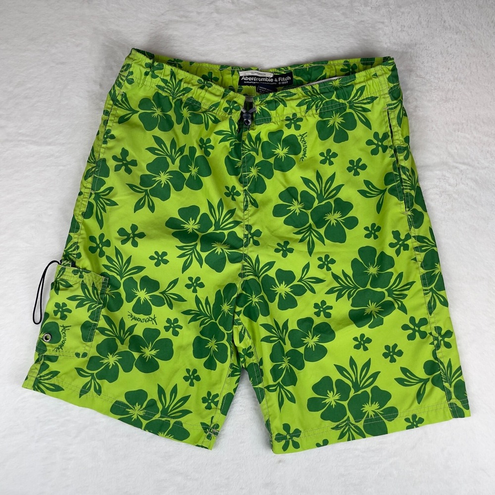 Abercrombie & Fitch Swim Shorts Mens Medium Green Floral Print Elastic Waist